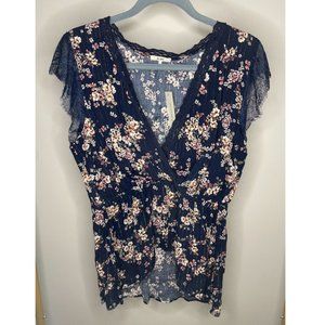 NWT Francesca's Mi Ami Surplice Navy Floral Gold Laced Trimmed Blouse
